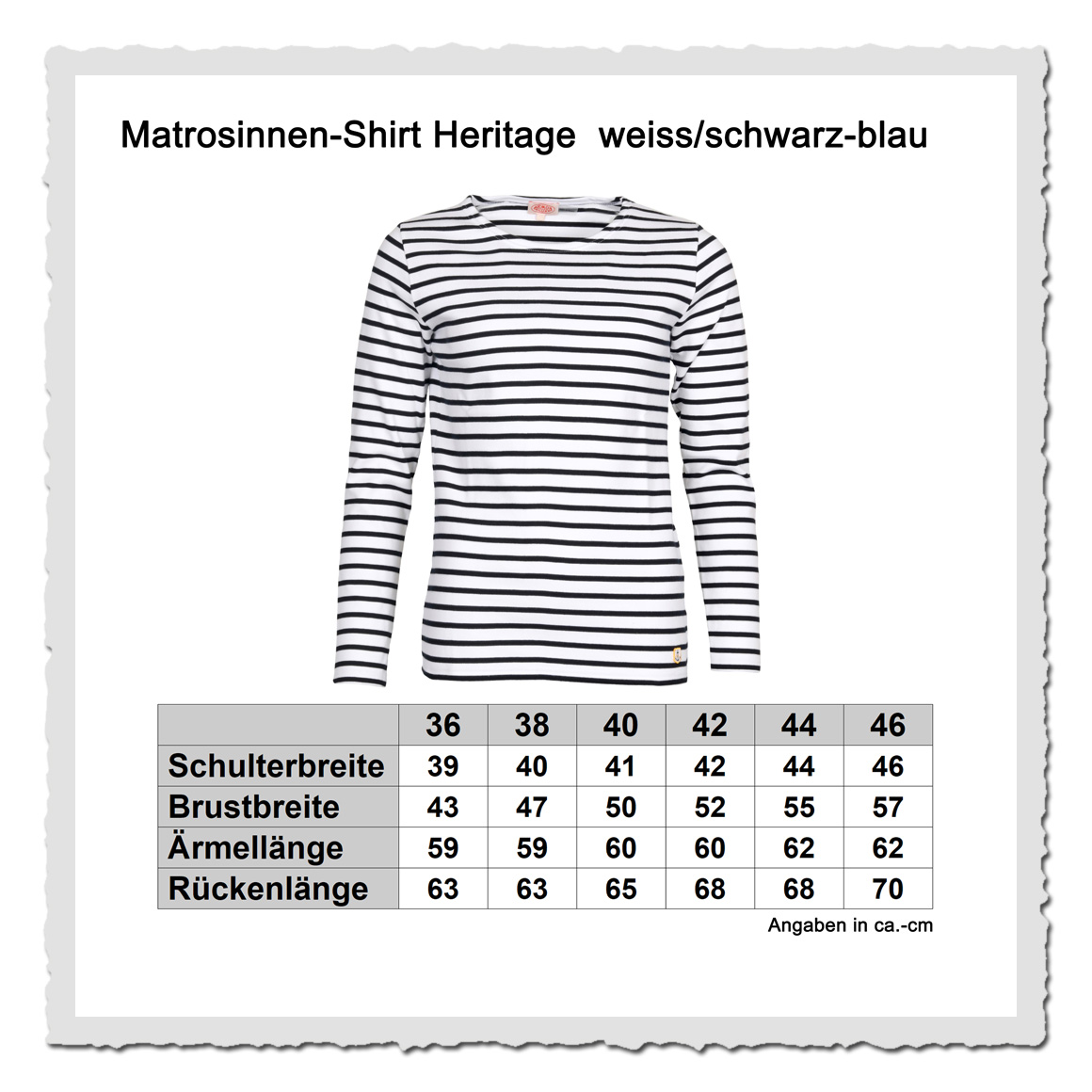 Masstabelle Armor Lux Damen Ringelshirt 54277 BI9 mit langem Arm in maritimem Weiß und Blau-Schwarz